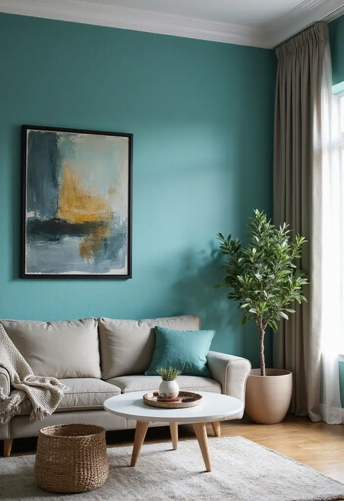 30 Turquoise Living Room Decor Ideas for Bold Style - 28. Turquoise Wall Textures 1