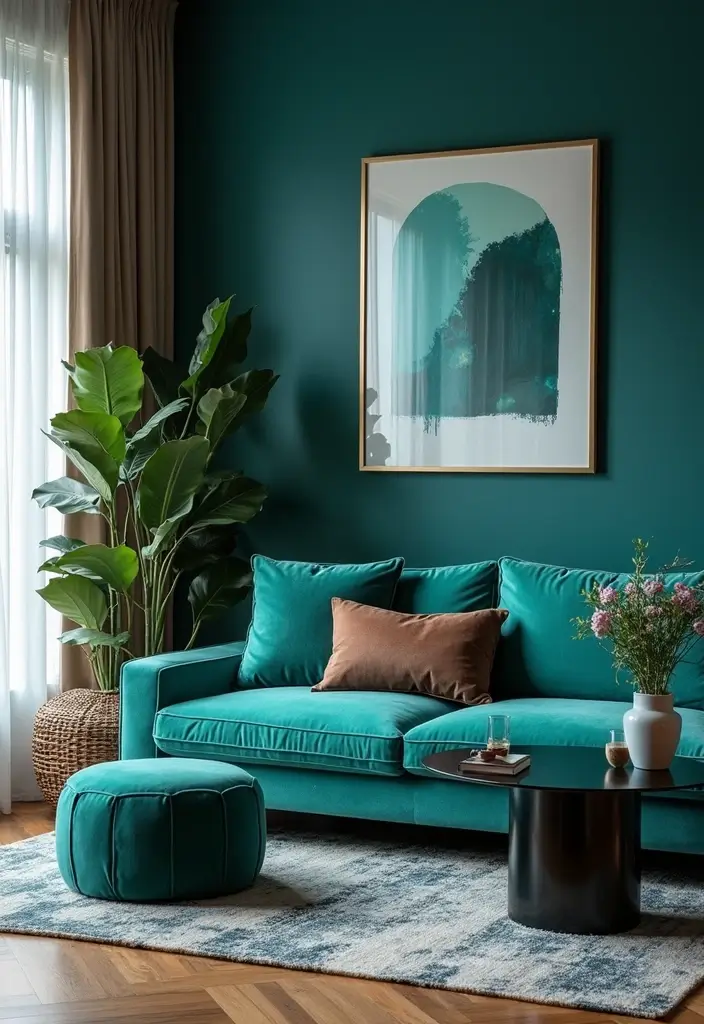 30 Turquoise Living Room Decor Ideas for Bold Style - 30. Turquoise and Black Contrast 1
