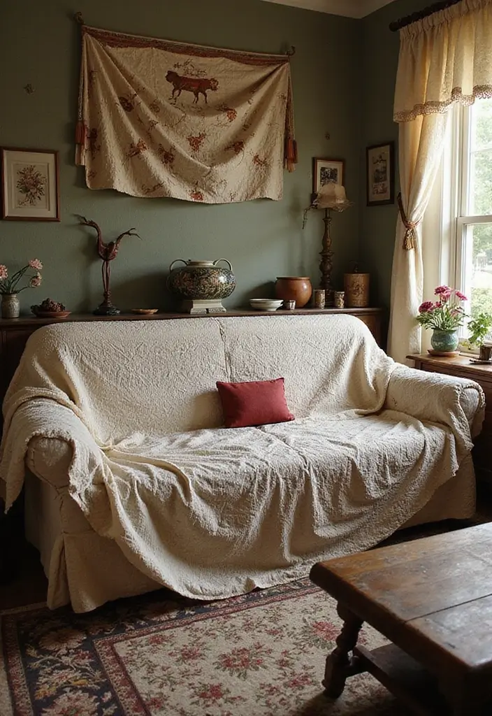 30 Vintage-Inspired Traditional Living Room Decor Ideas - 23. Vintage Stamps and Textiles 1