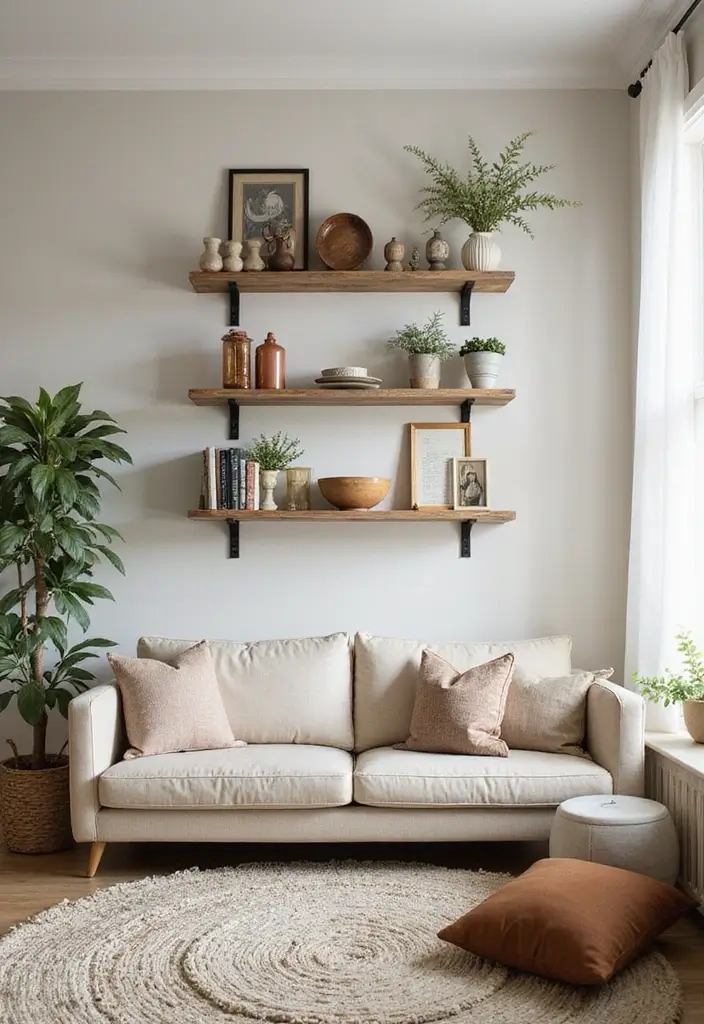 30 Vintage-Inspired Traditional Living Room Decor Ideas - 26. Vintage Wall Shelves 1