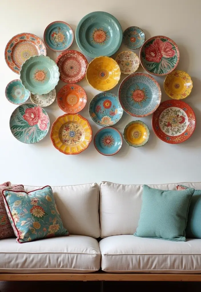 30 Wall Decor Ideas Above the Couch - 11. Artistic Plates 1