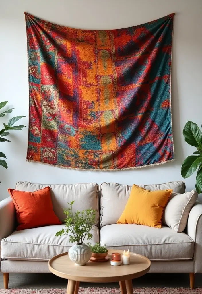 30 Wall Decor Ideas Above the Couch - 14. Colorful Fabric Hangings 1