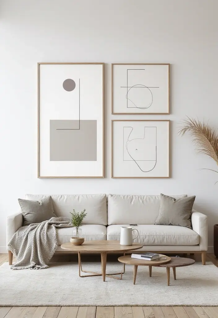 30 Wall Decor Ideas Above the Couch - 15. Minimalist Art Display 1