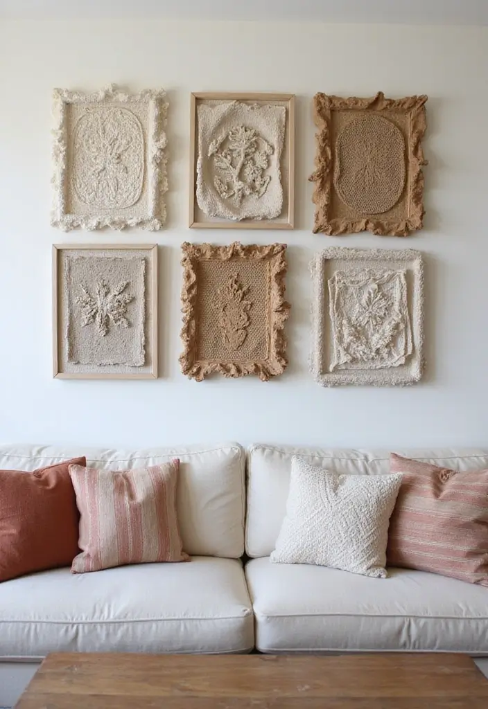 30 Wall Decor Ideas Above the Couch - 20. Creative Fabric Frames 1