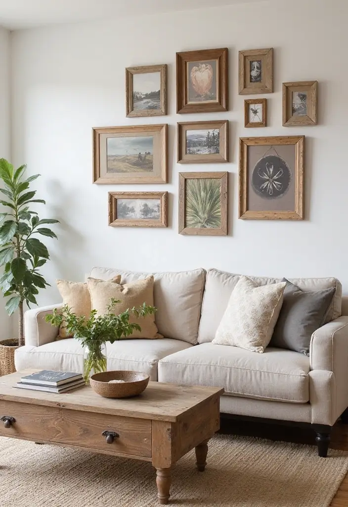 30 Wall Decor Ideas Above the Couch - 23. Rustic Wood Frames 1