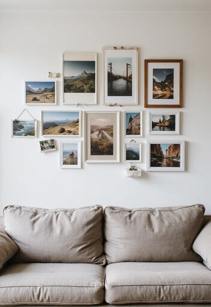 30 Wall Decor Ideas Above the Couch - 27. Capsule Gallery of Travel Memories 1