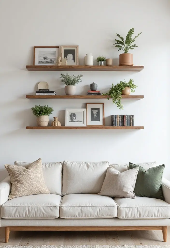 30 Wall Decor Ideas Above the Couch - 3. Floating Shelves with Decor 1