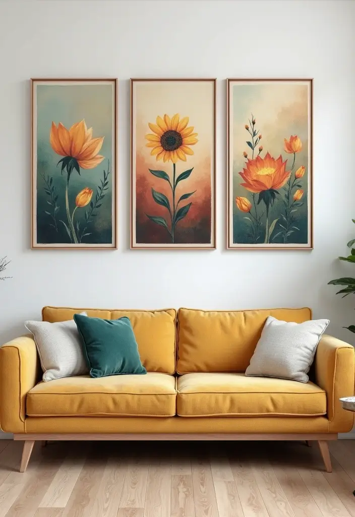 30 Wall Decor Ideas Above the Couch - 4. Triptych Art Display 1