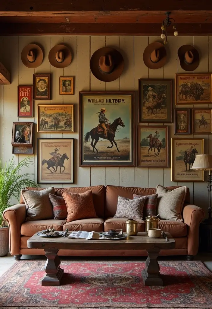 30 Western Living Room Decor Ideas with Rustic Charm - 12. Wild West Memorabilia 1