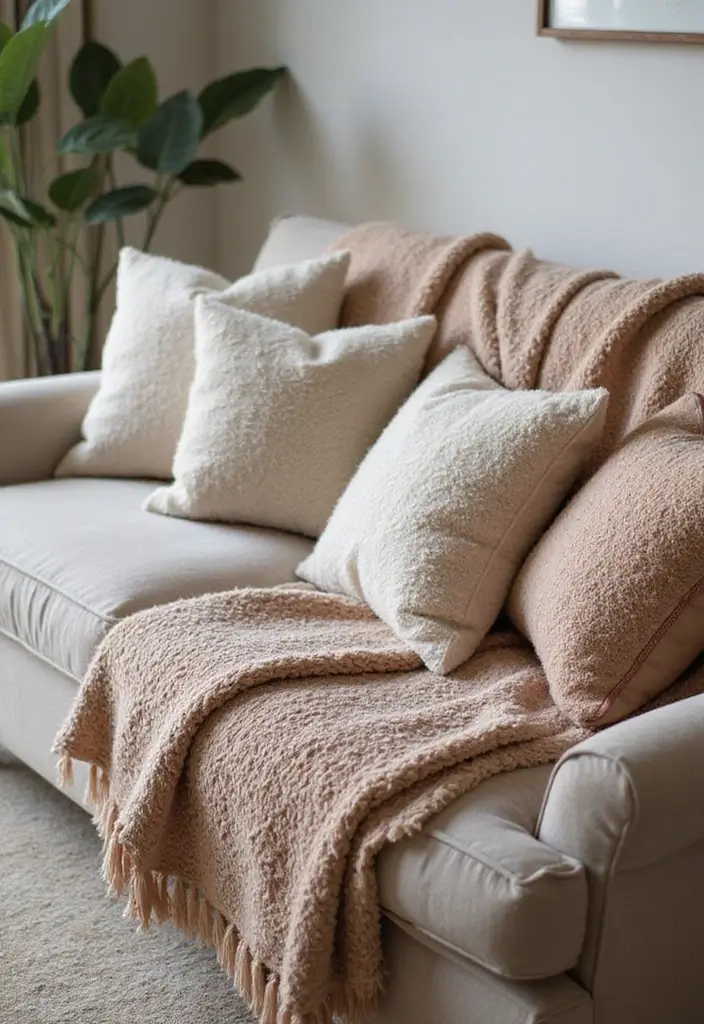 30 Western Living Room Decor Ideas with Rustic Charm - 15. Cozy Textured Fabrics 1