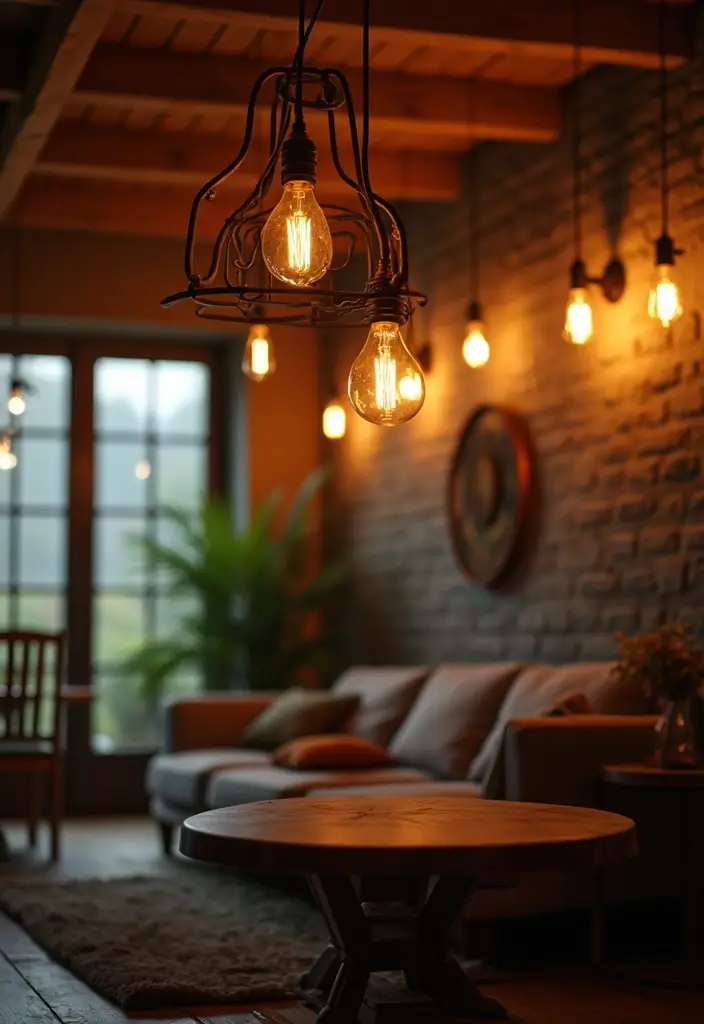 30 Western Living Room Decor Ideas with Rustic Charm - 16. Rustic Lighting Fixtures 1