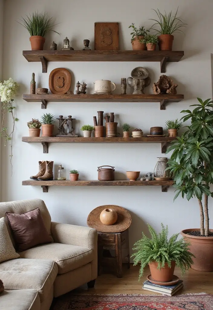 30 Western Living Room Decor Ideas with Rustic Charm - 18. Open Shelving Display 1