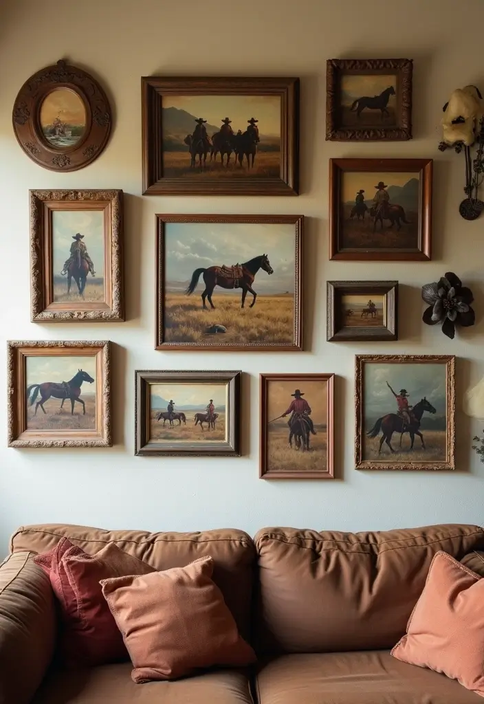 30 Western Living Room Decor Ideas with Rustic Charm - 2. Vintage Western Art 1