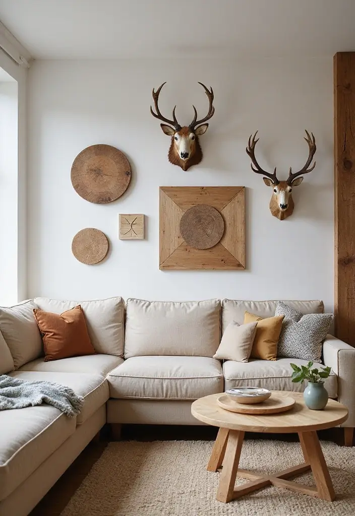 30 Western Living Room Decor Ideas with Rustic Charm - 21. Nature-Inspired Wall Decor 1