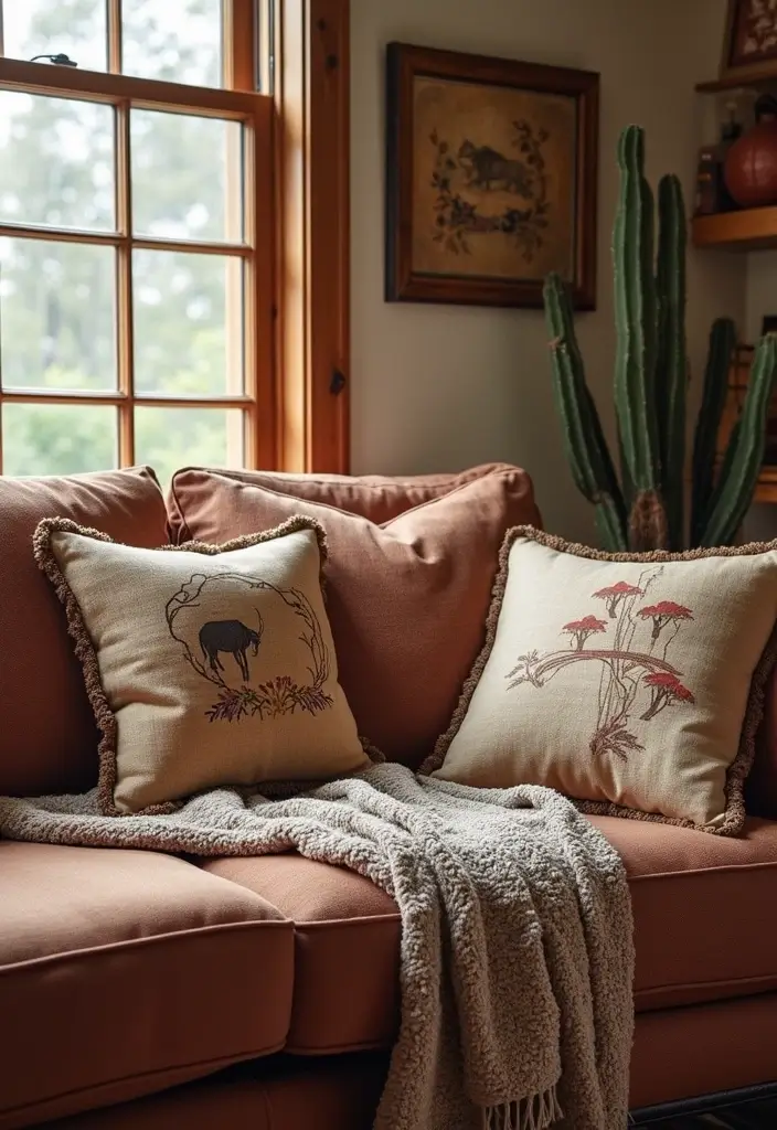 30 Western Living Room Decor Ideas with Rustic Charm - 24. Western-themed Throw Pillows 1