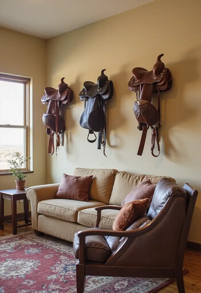 30 Western Living Room Decor Ideas with Rustic Charm - 25. Wall-Mounted Saddles 1