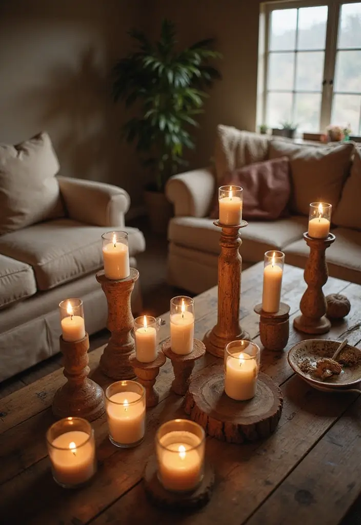 30 Western Living Room Decor Ideas with Rustic Charm - 27. Rustic Candle Holders 1