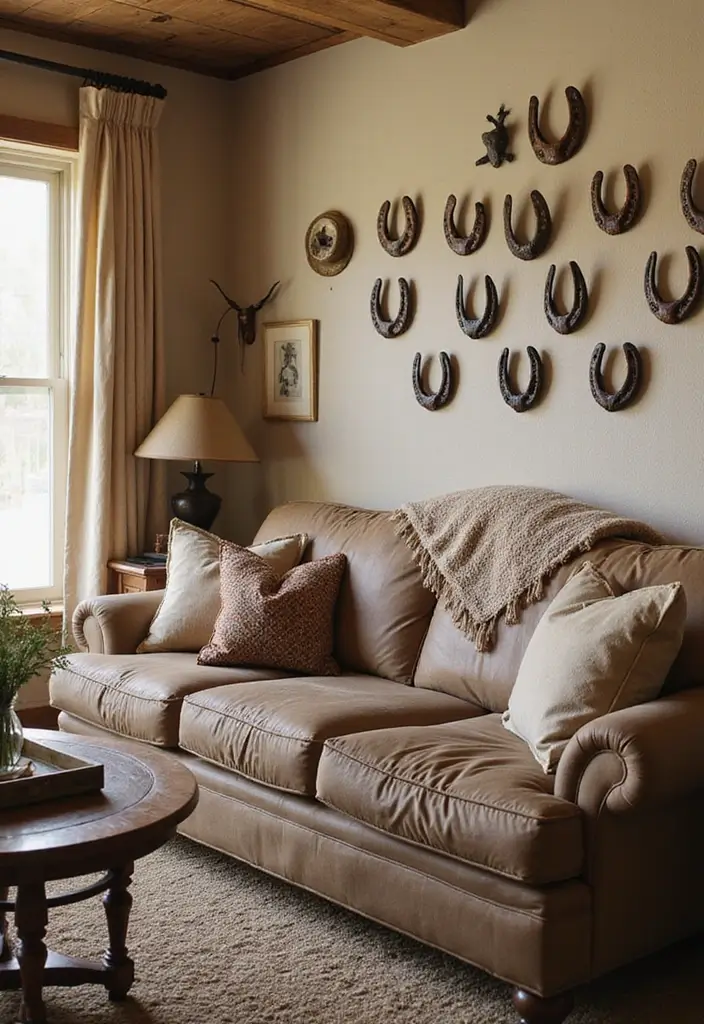 30 Western Living Room Decor Ideas with Rustic Charm - 29. Decorative Horse Shoes 1
