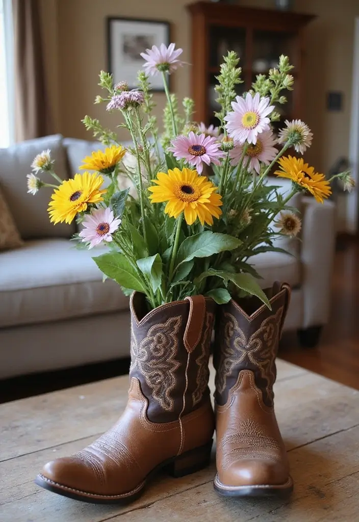 30 Western Living Room Decor Ideas with Rustic Charm - 7. Cowboy Boots Decor 1