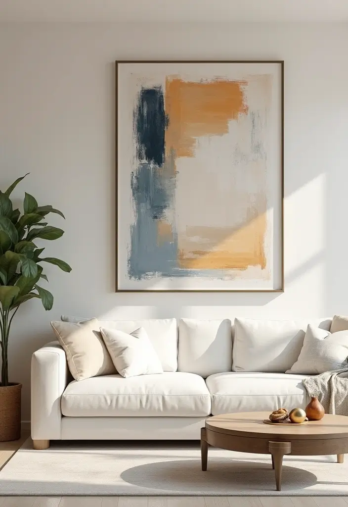 30 White Couch Living Room Decor Ideas - 2. Statement Art Pieces 1