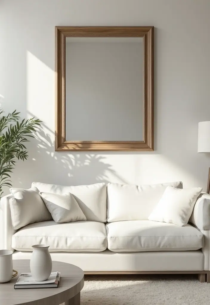 30 White Couch Living Room Decor Ideas - 22. Elegant Wall Mirrors 1