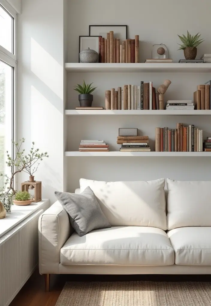 30 White Couch Living Room Decor Ideas - 25. Stylish Book Displays 1