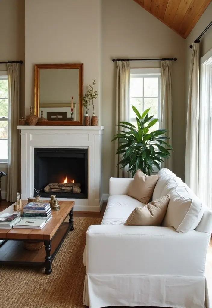 30 White Couch Living Room Decor Ideas - 27. Cozy Fireplace 1