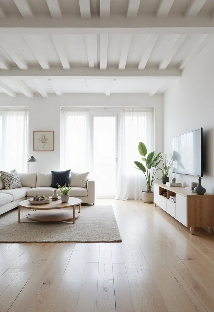 30 White Living Room Decor Ideas for a Bright Home - 14. White Beam Ceilings 1