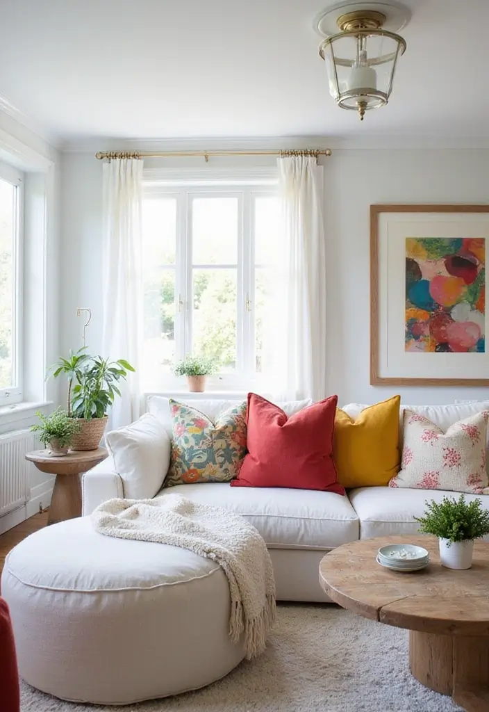 30 White Living Room Decor Ideas for a Bright Home - 25. Rethink Color Accents 1