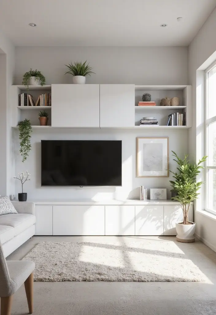 30 White Living Room Decor Ideas for a Bright Home - 26. Functional Wall Units 1