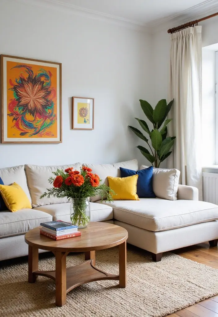 30 White Living Room Decor Ideas for a Bright Home - 27. Bright and Bold Accents 1