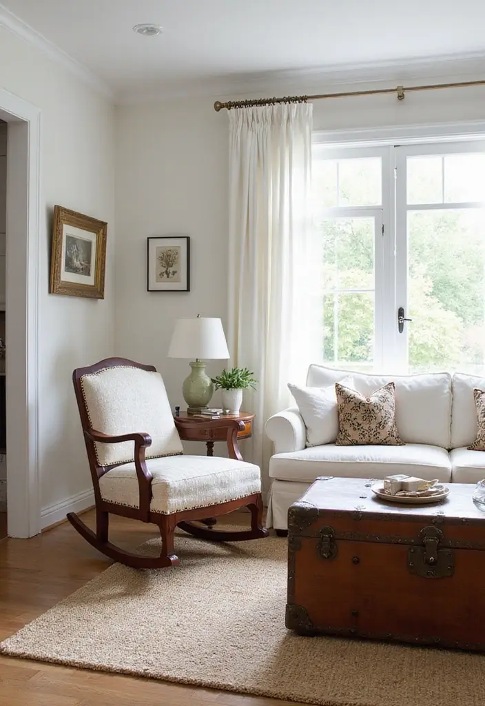 30 White Living Room Decor Ideas for a Bright Home - 28. Vintage-style Furniture 1