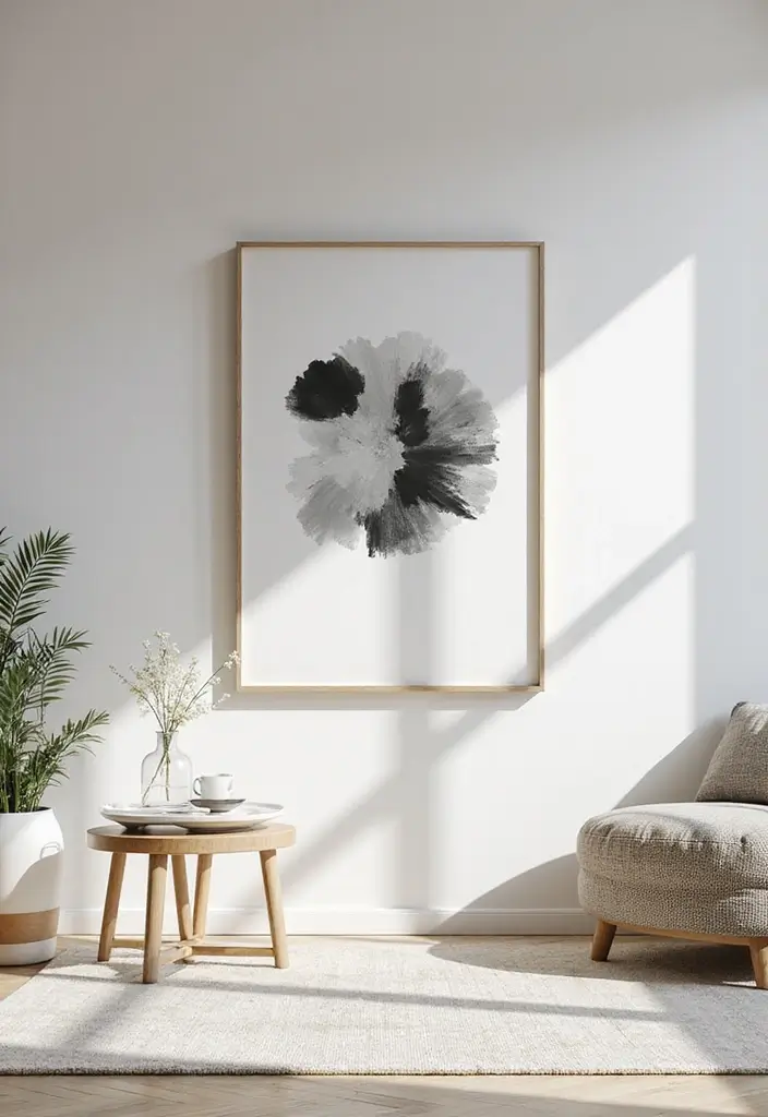 30 White Living Room Decor Ideas for a Bright Home - 3. Minimalist Wall Art 1
