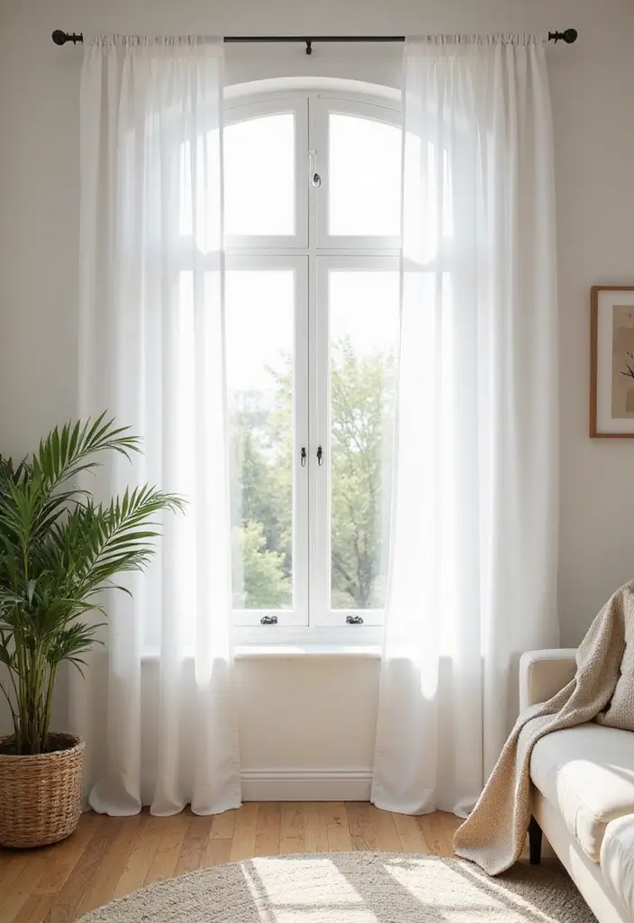 30 White Living Room Decor Ideas for a Bright Home - 7. Soft White Curtains 1