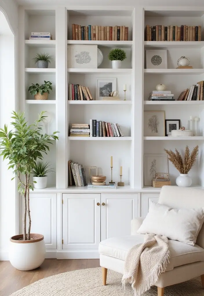 30 White Living Room Decor Ideas for a Bright Home - 9. White Bookshelves 1