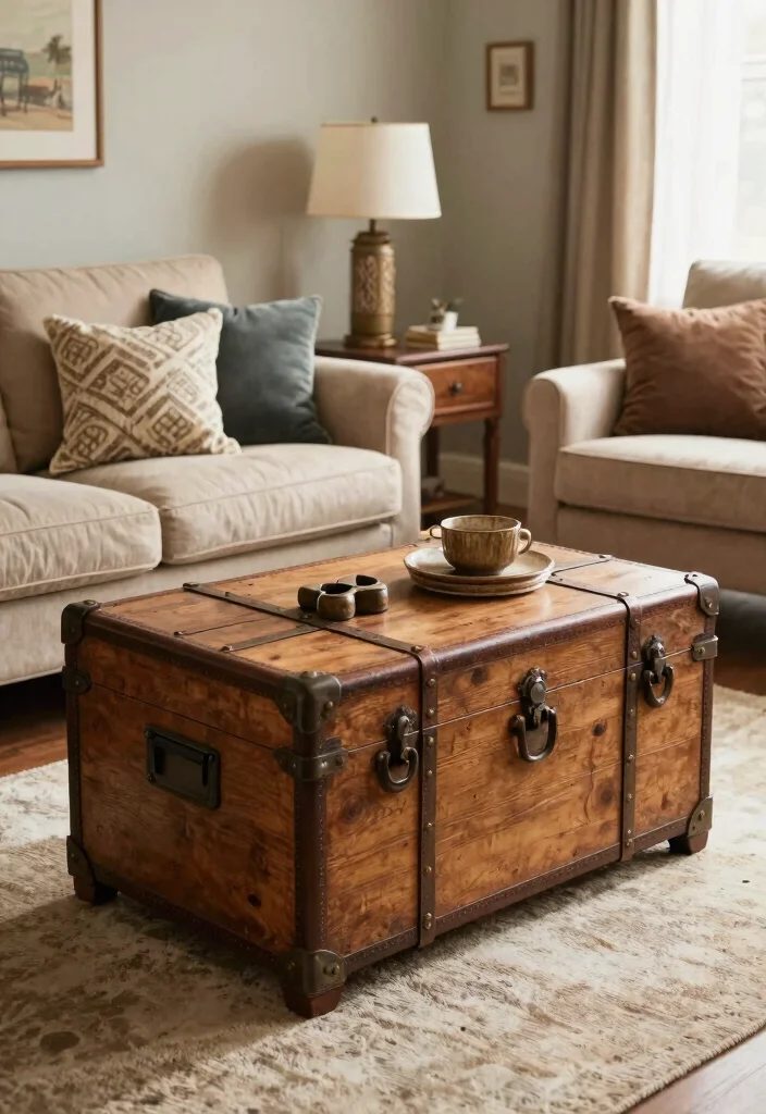 29 Modern Coffee Tables for a Sleek Living Room - 16. The Vintage Trunk Table 1