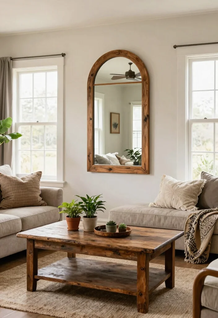 30 Arched Mirror Decor Living Room Ideas for a Chic Modern Look - 13. Farmhouse Fusion 1