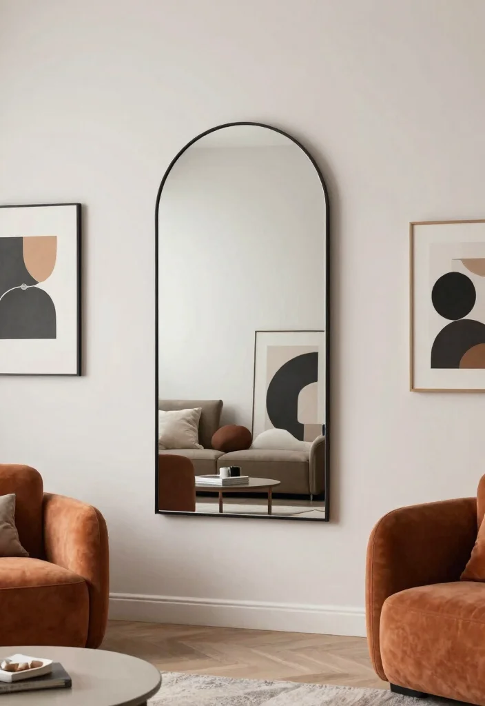 30 Arched Mirror Decor Living Room Ideas for a Chic Modern Look - 14. Contemporary Contrast 1