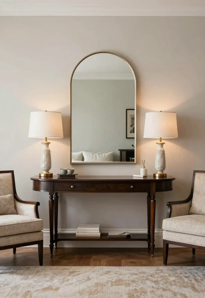30 Arched Mirror Decor Living Room Ideas for a Chic Modern Look - 16. Elegant Symmetry 1