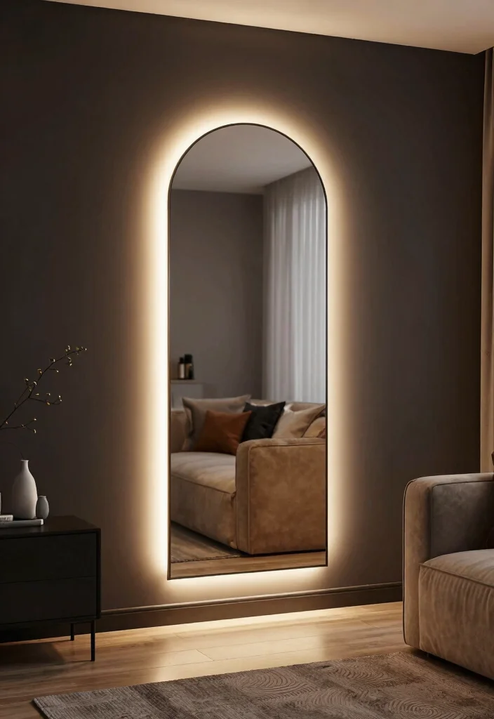 30 Arched Mirror Decor Living Room Ideas for a Chic Modern Look - 23. Backlit Beauty 1
