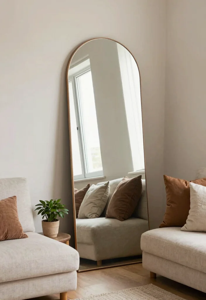 30 Arched Mirror Decor Living Room Ideas for a Chic Modern Look - 25. Creative Corner Arrangement 1