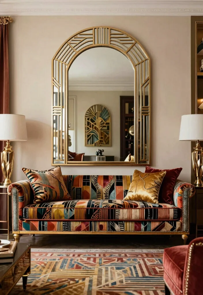 30 Arched Mirror Decor Living Room Ideas for a Chic Modern Look - 26. Art Deco Revival 1