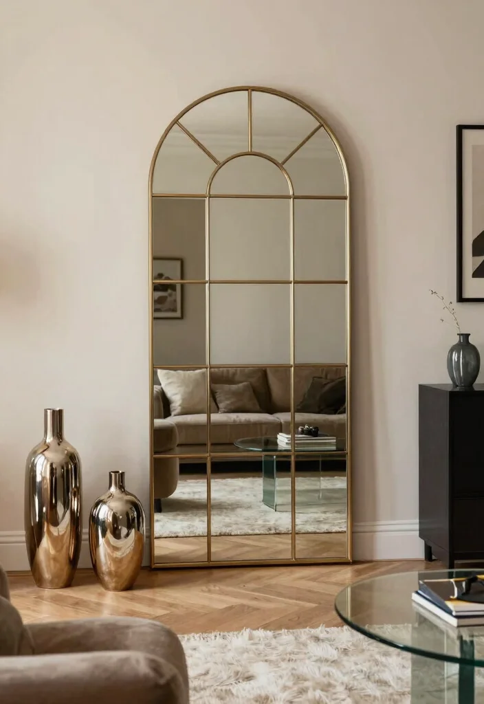 30 Arched Mirror Decor Living Room Ideas for a Chic Modern Look - 30. Reflective Harmony 1