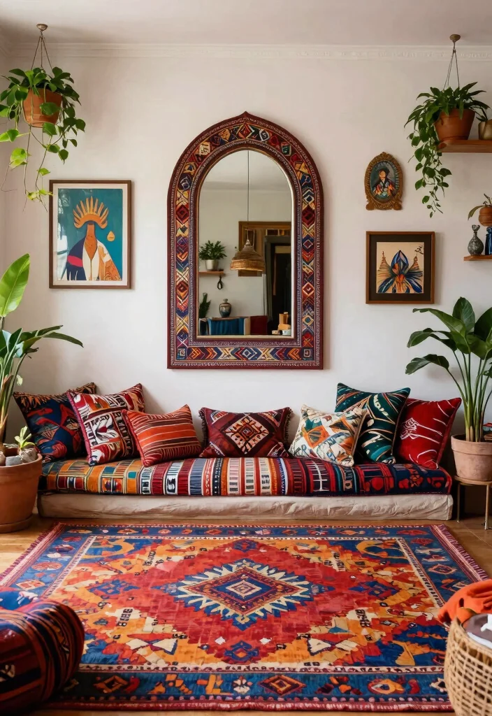 30 Arched Mirror Decor Living Room Ideas for a Chic Modern Look - 4. Bohemian Flair 1