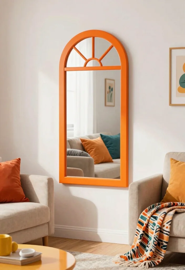 30 Arched Mirror Decor Living Room Ideas for a Chic Modern Look - 6. Color Pop 1