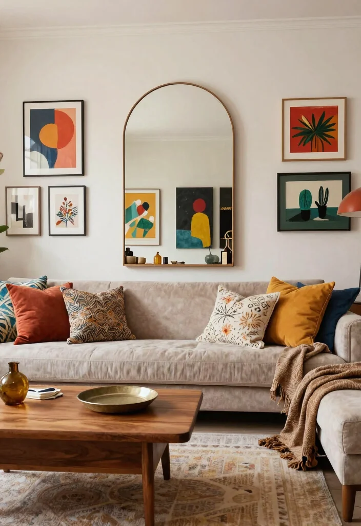 30 Arched Mirror Decor Living Room Ideas for a Chic Modern Look - 7. Eclectic Mix 1