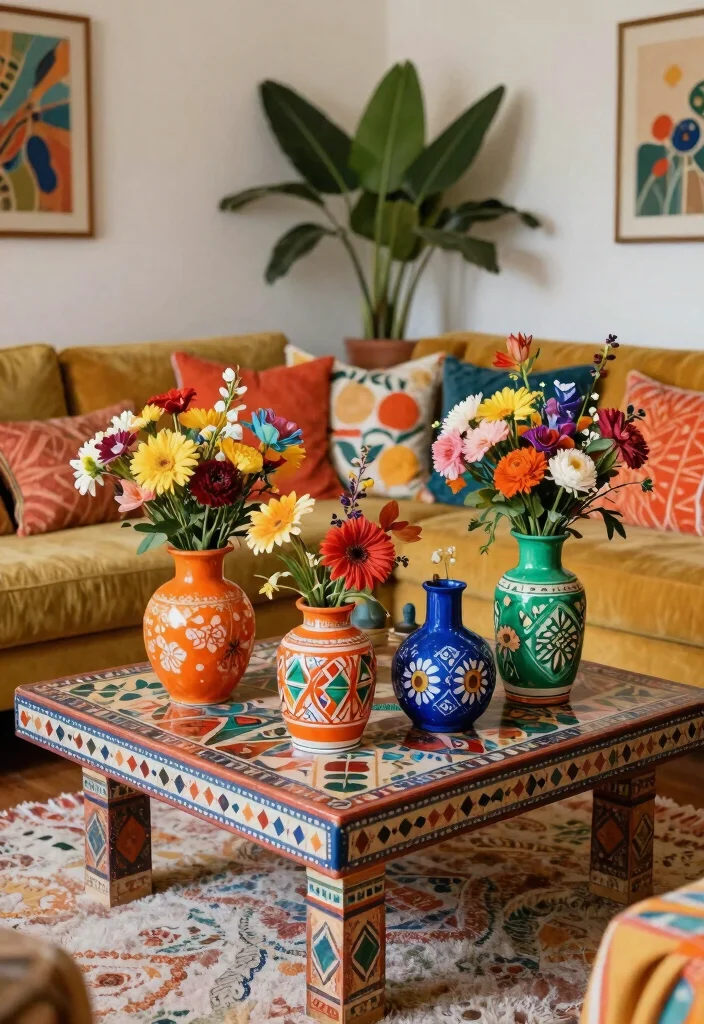 30 Big Vases Decor Living Room Ideas for Elegant Statement Style - 16. Colorful Bohemian Vases 1