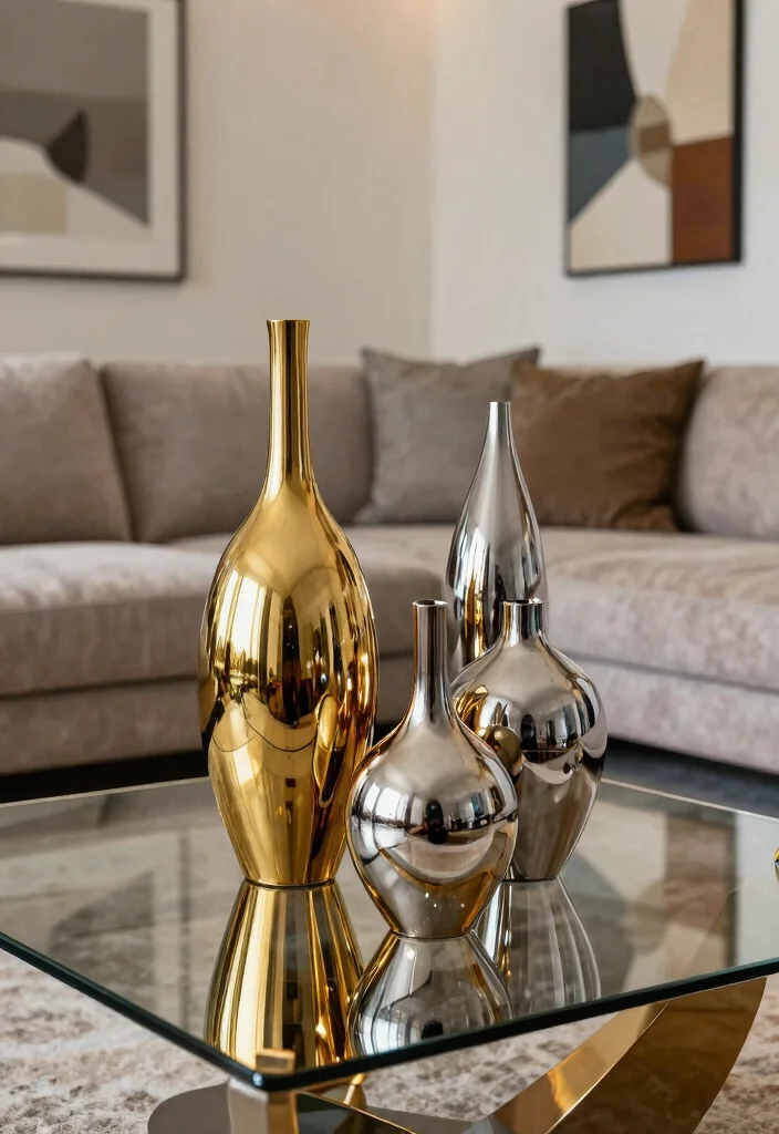 30 Big Vases Decor Living Room Ideas for Elegant Statement Style - 18. Modern Metallic Vases 1