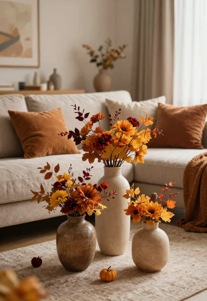 30 Big Vases Decor Living Room Ideas for Elegant Statement Style - 21. Seasonal Vases 1