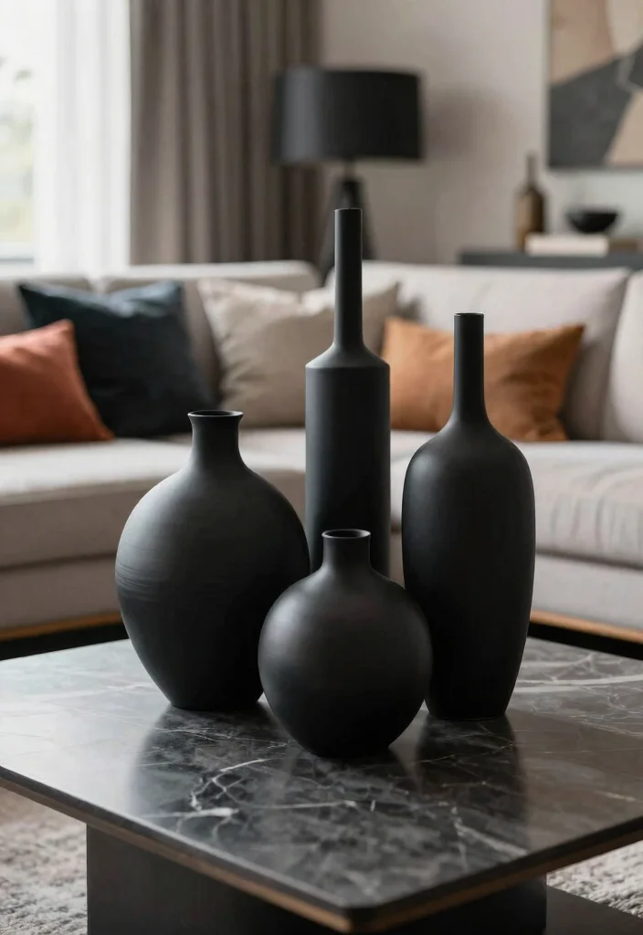 30 Big Vases Decor Living Room Ideas for Elegant Statement Style - 30. Statement Making Black Vases 1